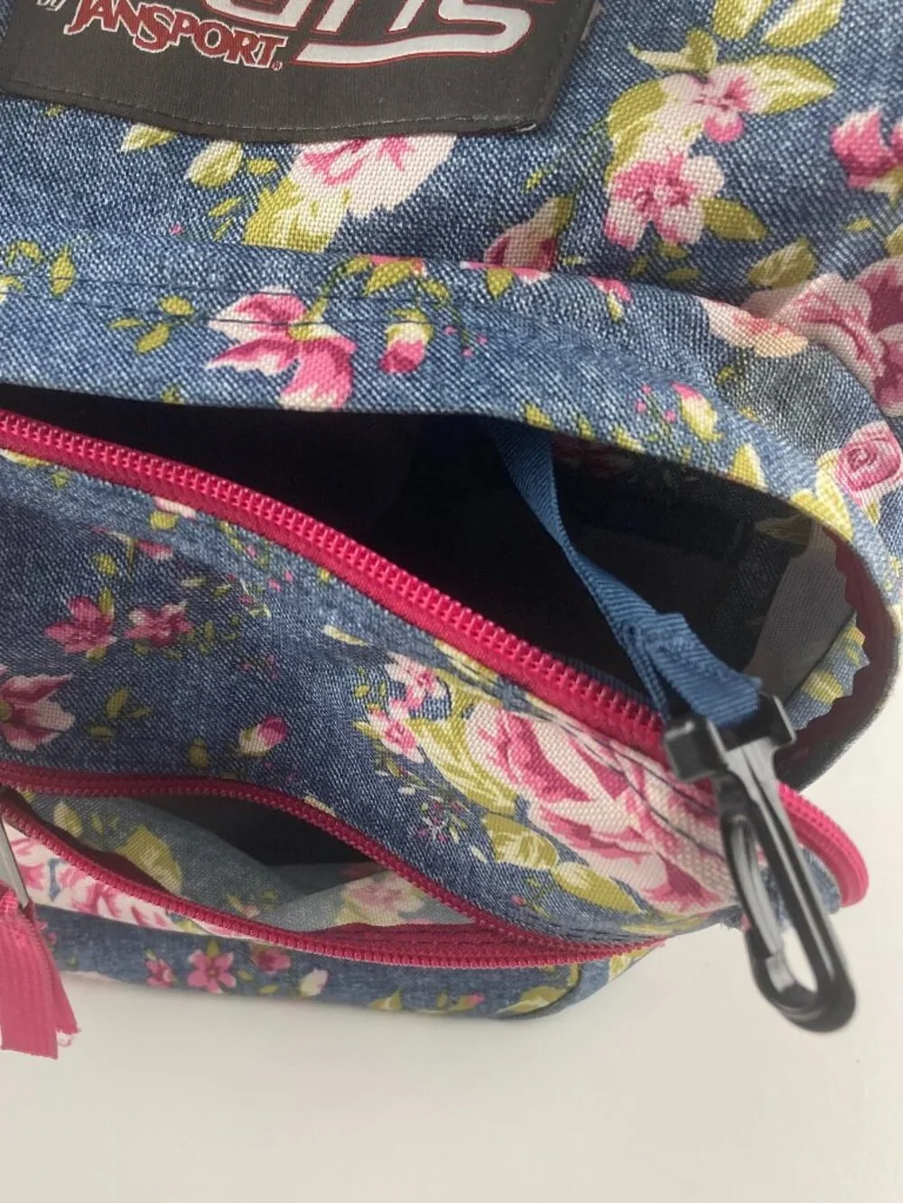 JanSport Floral Denim Backpack Cottagecore Blue Pink Roses School Laptop Bag Y2K